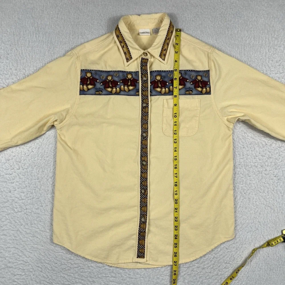 Cherokee Shirt Womens Medium Yellow Orange Corduroy Bears‎ Honey Tea Party VTG